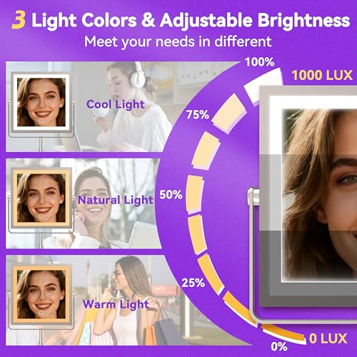 JIONIESIM Series 1X/10X Makeup Mirror with Lights, Double Sides Lighted Magnifying Mirror with 3 Colors, Height & Brightness Adjustable, Rechargeable 4000mAh Vanity Mirror (Brushed Nickel)