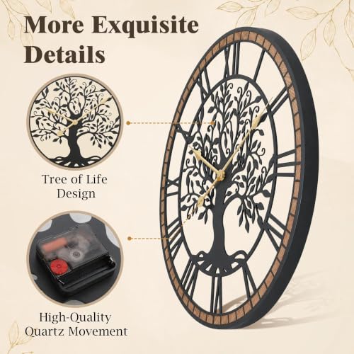 Large Wall Clock 24 Inch Tree of Life Rustic Farmhouse Decor - Battery Operated