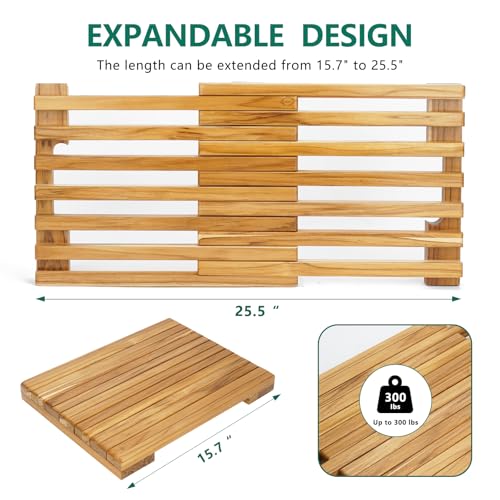 Teak Shower Mat 25.5 x 12 in – Adjustable, Non-Slip Spa Bath & Sauna Mat