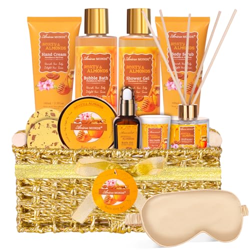 Gift Baskets for Women, Bath and Body Gift Set for her with 13pcs Honey Almond Scented Spa Gifts for Women, Bath Sets Includes Scented Candle, Shower Steamer, Bubble Bath, Bath Salt. Mothers Day Gifts