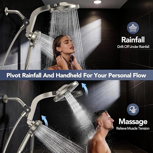 RAINVISTA Brushed Nickel Rain Shower Head with Handheld Combo, High Pressure Magnet