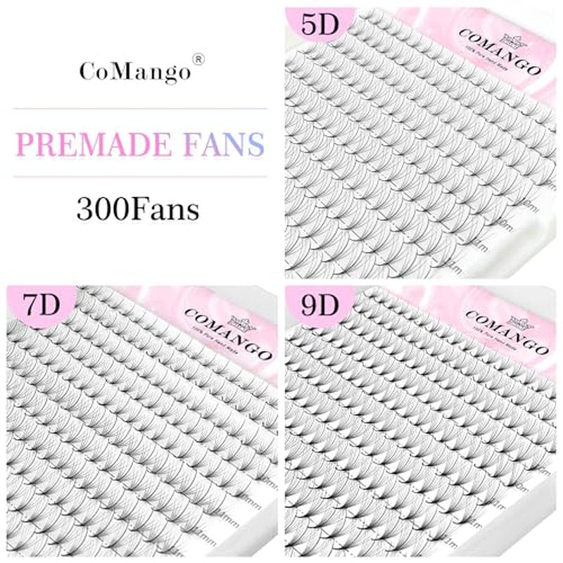 CoMango Wispy Premade Fans Eyelash Extensions 5D 7D 9D Spikes Lash Fans C/D Curly Pointy Stem Volume Lashes Extensions 0.07mm Thin Base Handmade Lash Extensions (black, 300fans-5D-C-Mix8-15mm)