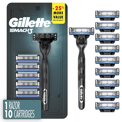 Gillette Mach3 Men's Razor with 10 Refills, 3-Blade System, Lubrication Strip - Variation of 1 Razor, 10 Refills