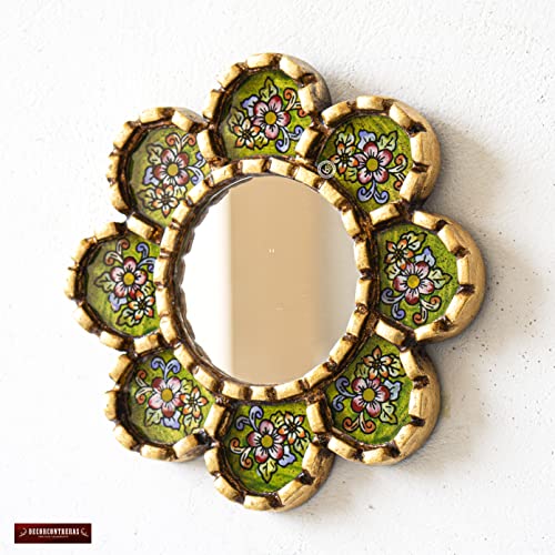 Small Green Mirror 6in for Wall Decor | Peruvian Hand Painted Glass Mirror with Gold Leaf Finish | Handmade Round Mirror for houswarming
