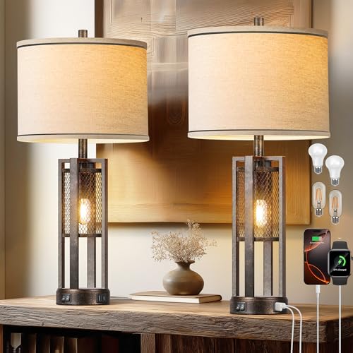 PARTPHONER 28'' Set of 2 Farmhouse Industrial Nightstand Lamps with USB Ports - Bronze