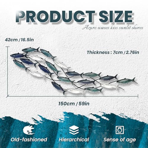 Large Metal Fish Wall Art - Nautical 3D Marine Decor, 59" Coastal Wall Sculpture