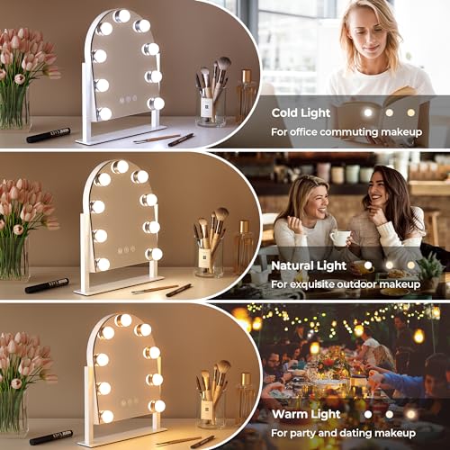 White-Arched Makeup Mirror with Lights, 3 Color Modes, Dimmable, 360° Rotation
