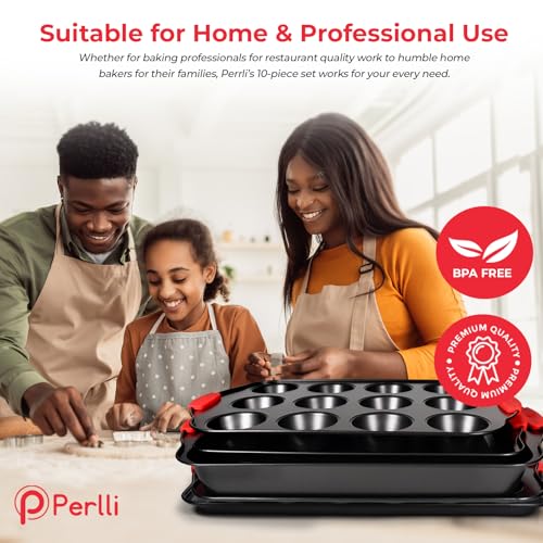 PERLLI 10-Piece Non-Stick Bakeware Set with Silicone Handles, Oven Safe to 446°F