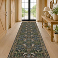 10 Ft Vintage Floral Runner Rug - 3x10 Dark Green & Brown Non-Slip Washable