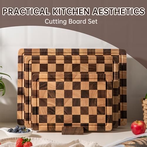 Fyctio 3-Piece Checkered Walnut & Rubber Wood Cutting Board Set with Stand, 17"L x 12"W