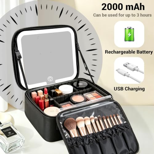 Travel Makeup Bag with LED Mirror, Adjustable Dividers & Brush Storage