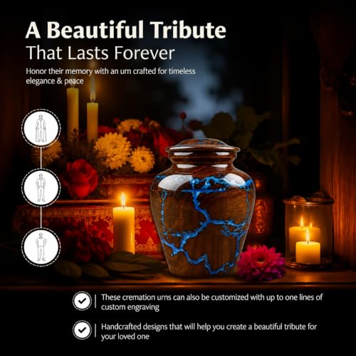Small Cremation Urn for Human Ashes - Vintage Rosewood Keepsake Memorial - Blue Resin Inlay - 20 Cubic Inches