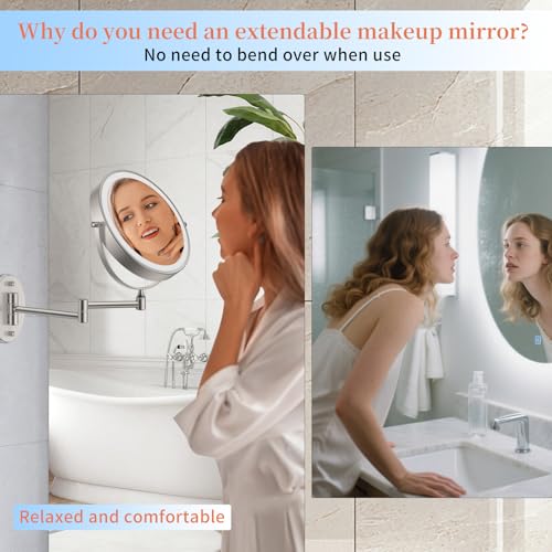 FUNTOUCH 5000mAh Rechargeable Wall Mount Makeup Mirror with Lights, 30X/1X Magnifying 9" Double Sided Mirror, 3 Color Lights,Touch Dimmable, 360 Rotation Extended Arm with Adapter,Brush Nickel