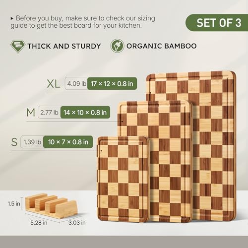 Set of 3 Wooden Checkered Cutting Boards with Holder - Non-Toxic Bamboo Kitchen Chopping & Serving Platters