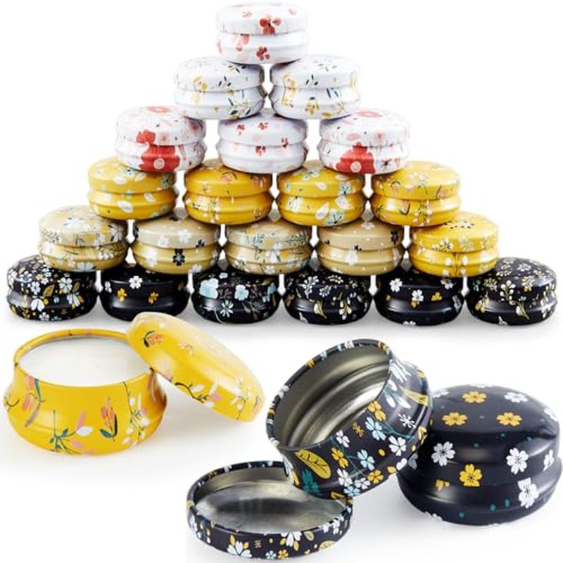 24 Pack Mini Tinplate Jars with Lids, 0.7oz / 20ml Reusable Round Small Floral Travel Tins Empty Lip Balm Containers for Salve, LED Candles, Salve, Eye Shadow, Powder(Classic Style)