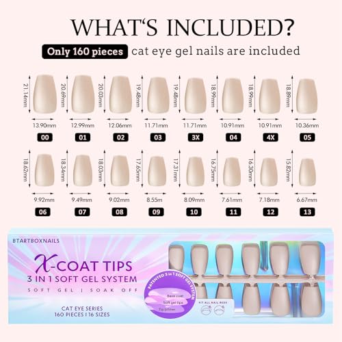 BTArtboxnails Cat Eye XCOATTIPS - Soft Gel Coffin Nail Tips, Glitter Press On Nails Short, Soak Off Acrylic Fake Nails Glue On Nails In 16 Sizes - 160 Nail Extension Set, Aurora