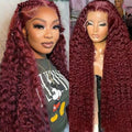 18 Inch Burgundy Deep Wave Lace Front Wig - Human Hair 99J, 13x6