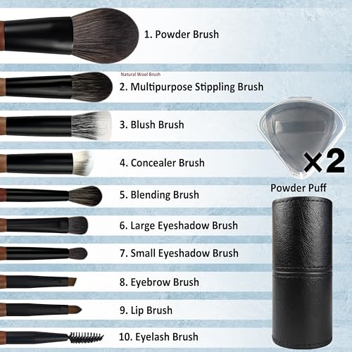 Brown Travel Makeup Brush Set with Case - 10 Pcs & 2 Pcs Powder Puff