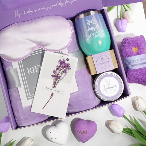 Lavender Spa Gift Basket for Women with Purple Flannel Blanket - Relaxing Care Set