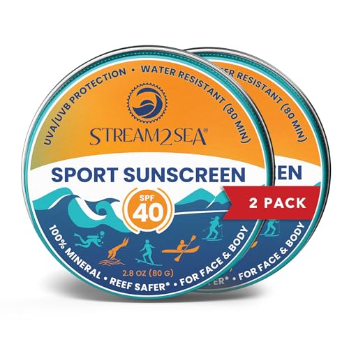 STREAM2SEA SPF40 Unscented Mineral Sport Sunscreen in Tin with EcoSafe Zinc for Face & Body, Natural Organic Biodegradable Coral Reef Safe Sunscreen, Travel Size, Mineral Based, 2 Pack