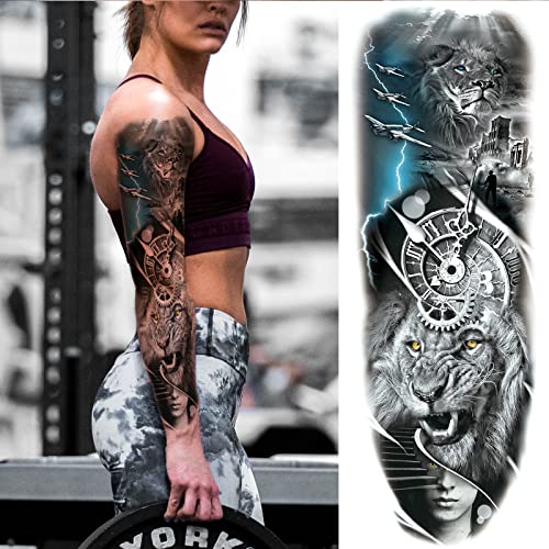 Military Temporary Tattoo Sleeves, Full Arm Large War Soldier Fake Tattoos Sleeve For Men Women Adult, Black Long Lasting Patriotic Warrior Temp Tatoo Sticker Leg Body Art Makeup, 6-Sheet