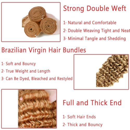 Deep Wave Human Hair Bundles - Honey Blonde #27, 18 Inch, Unprocessed Brazilian Virgin Hair - Variation #27 Honey Blonde D / 18