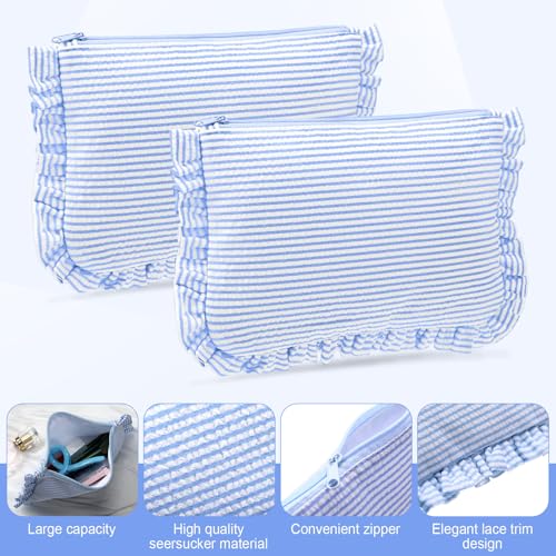Seersucker Makeup Bag Set - Light Blue Striped with Ruffles, 6 Pack