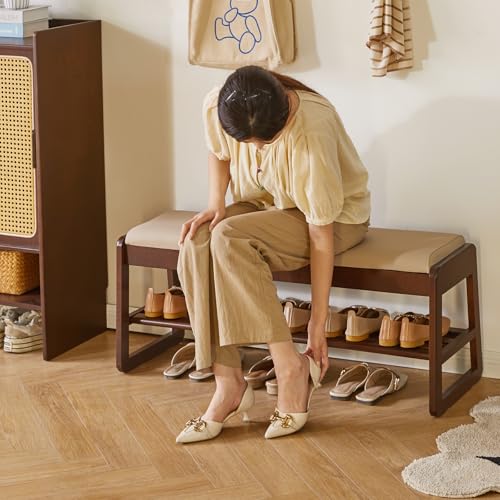 Wood Shoe Rack Bench with Cushion and Hidden Storage - 2 Tiers Entryway Organizer