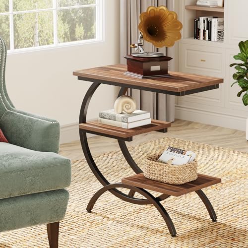 C-Shaped End Table - 3-Tier Rustic Brown Side Table for Living Room & Small Spaces - Set of 2 - Rustic Brown