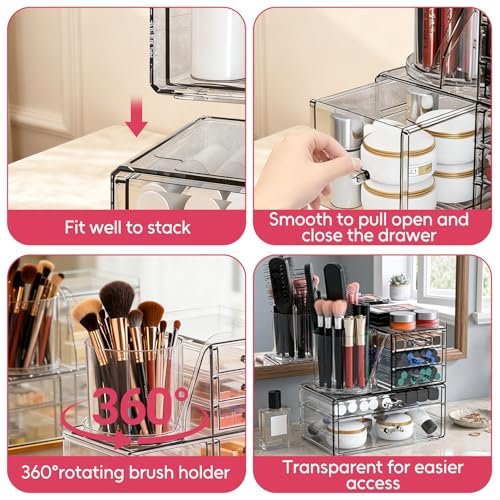 Acrylic Makeup Organizer 2 Tiers & 5 Drawers with Rotating Brush Holder - Clear Vanity Storage, Stackable & Space Saving, Variation: 2 Tiers 5 Drawers