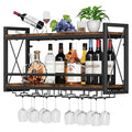 Homeiju 31.5W x 7.91D x 16.85H Wall Mounted Wine Rack with Glass Holder, Vintage Wood & Metal Design
