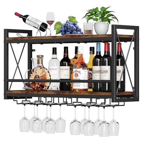 Homeiju 31.5W x 7.91D x 16.85H Wall Mounted Wine Rack with Glass Holder, Vintage Wood & Metal Design