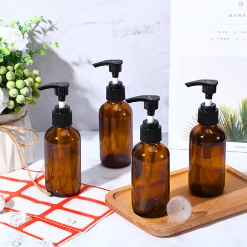 Tanlade 24 Pcs Glass Pump Bottle Dispenser 4 oz Travel Bottles with Pump Refillable Glass Containers for Toiletries Lotion Liquid Soap Shampoo Essential Oils Cosmetic Travel Accessories (Amber)