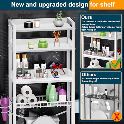 White Over The Toilet Storage Cabinet with 4 Tiers, Adjustable Shelves, Waterproof Feet Pad