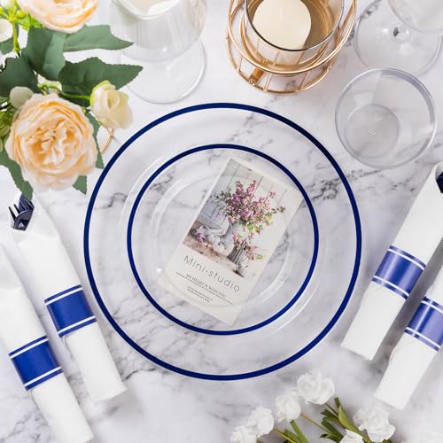 Dark Blue Disposable Plastic Plates Set for 100 Guests - 700 Pcs