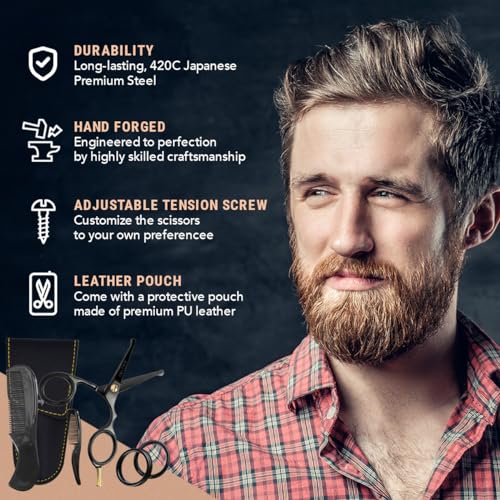 Ontaki Beard and Mustache Scissors For Men - 4.2-inch, Black, 420C Japanese Steel, Multipurpose Round Edges - Mens Grooming Scissors for Styling - Beard Trimming Kit for All Hair Types