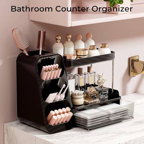 Makeup Organizer for Vanity with Brush Holder, 2 Tiers Countertop Skincare and Cologne Organizer for Bathroom Vanity, Large Capacity Makeup Storage, Black
