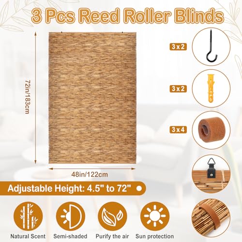 DoubleFill 3 Pack Outdoor Bamboo Shades 48x72 Inches Carbon Brown Privacy Blinds