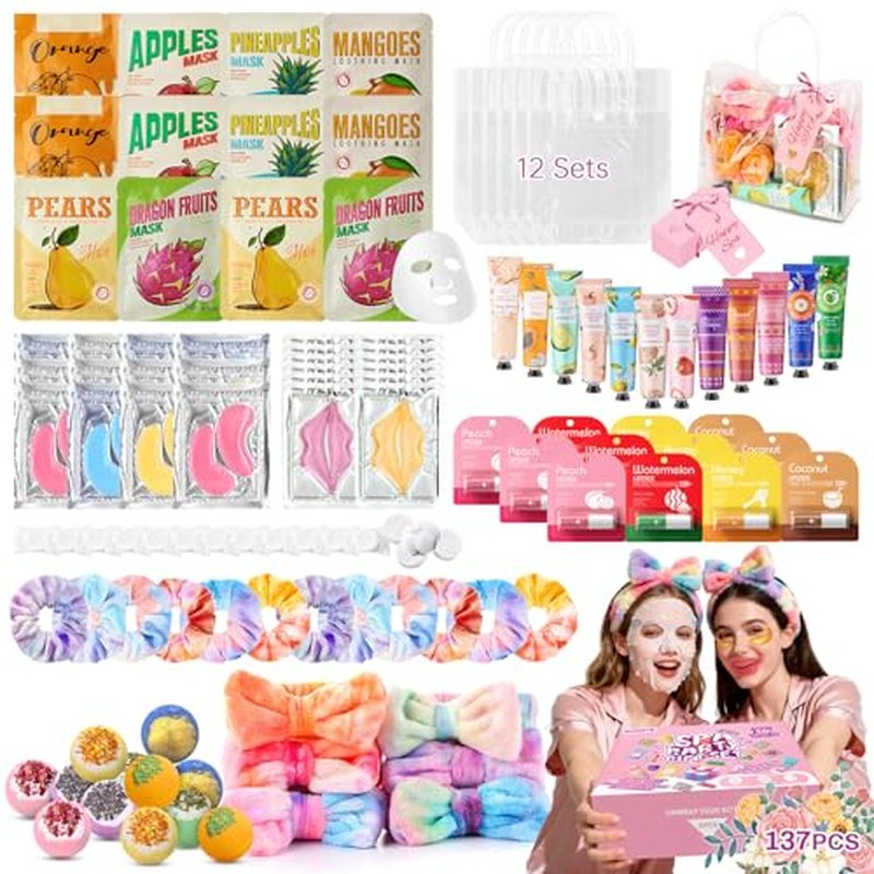 137 PCS Spa Party Supplies For Girls, Include Face Mask, Bath Bombs, Hand Cream, Eye Mask, Lip Mask, Lipstick, Hairband, Natural & Relaxing Sleepover Spa Gift Kit For 12 People, Gentle Moisturizing