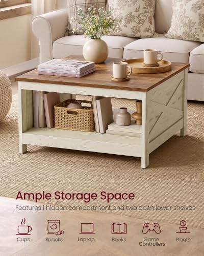 VASAGLE Lift-Top Square Coffee Table with Storage, Rustic White