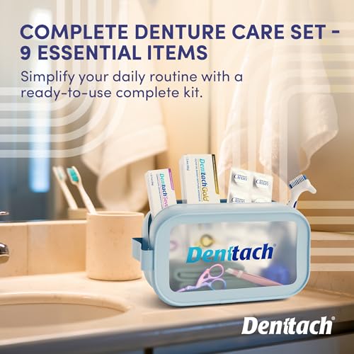 Denture Starter Kit with Adhesives, Cleaning Tablets, Case & Tools - 9 Pieces