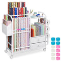 Aquzee White Large Wrapping Paper Storage Cart with Drawer & Ribbons