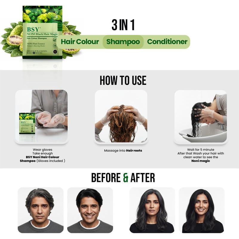 BSY Noni Black Hair Magic 20 Sachets - Instant Natural Black Hair Dye, Ammonia-Free, 5-Minute Hair Color for Men & Women