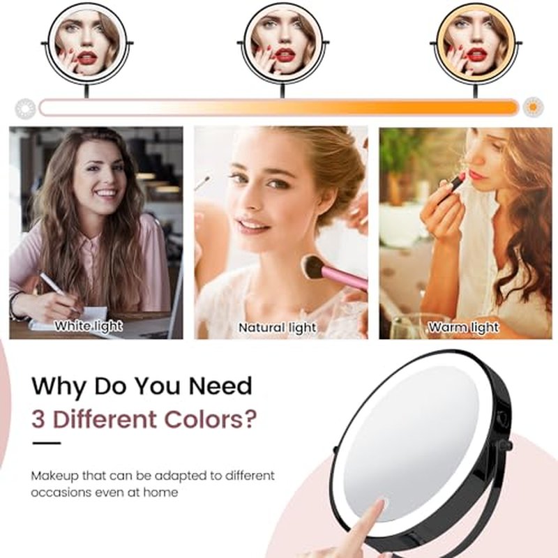 8" Vanity Mirror with Lights Rechargeable, 1X/10X Magnifying Makeup Mirror with Touch Screen, 54 LED Adjustable Brightness, 3 Color Modes, 360¡Æ Rotation for Tabletop & Bedroom