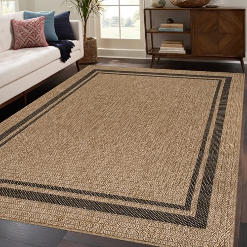 Bordered Natural Black 5x7 Indoor Outdoor Rug - Washable Durable Area Carpet