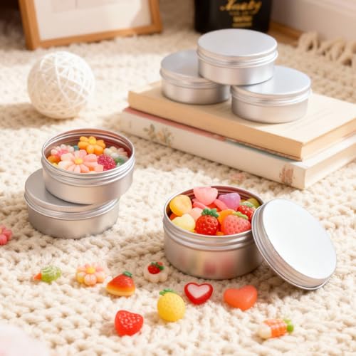 LEXININ 50 Pack Aluminum Tin Cans, 5 Oz Screw Top Tin Jar Containers, 3.26 x 1.5 Inch, Silver