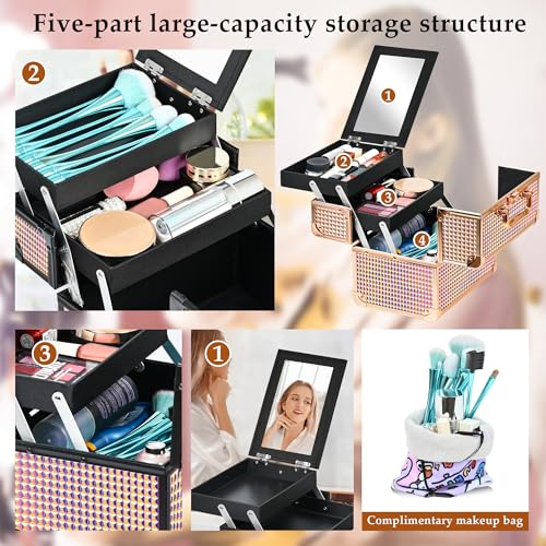 GALHUBIS Colorful Pink Makeup Train Case Organizer with Mirror & Pouch