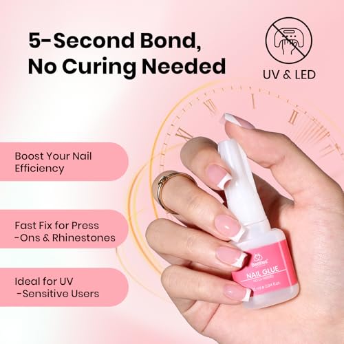 Beetles Press On Nail Glue Quick-Drying 10ml Super Strong Nail Glue, Brush on Glue for Acrylic & Fake Nails, No Uv Light Needed, Long Lasting Spring Nails, DIY Home Manicure