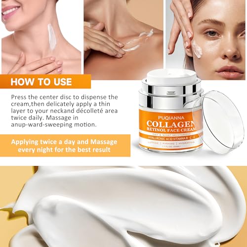 PUQIANNA Instant Face Lift Cream with Collagen & Retinol - Day and Night Face Moisturizer, Anti-Aging Firming Cream with Hyaluronic Acid & Vitamin B C E, Hydrating Lifting Face Cream, 1.7 Fl Oz