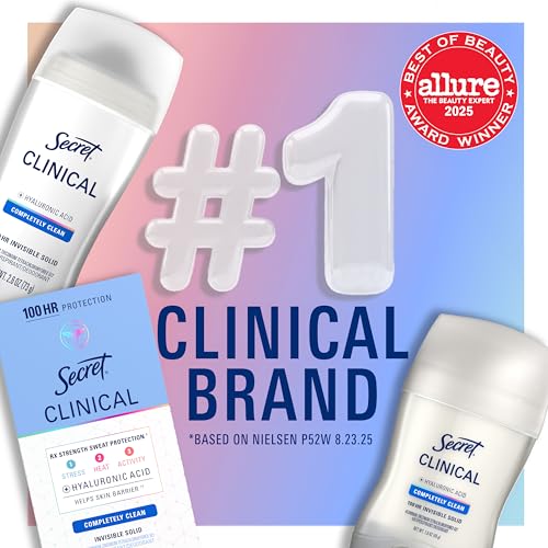 Secret Clinical Strength Invisible Solid Antiperspirant Deodorant for Women - 100HR Stress & Odor Protection, Hyaluronic Acid, Completely Clean Scent, 2.6 oz Pack of 2
